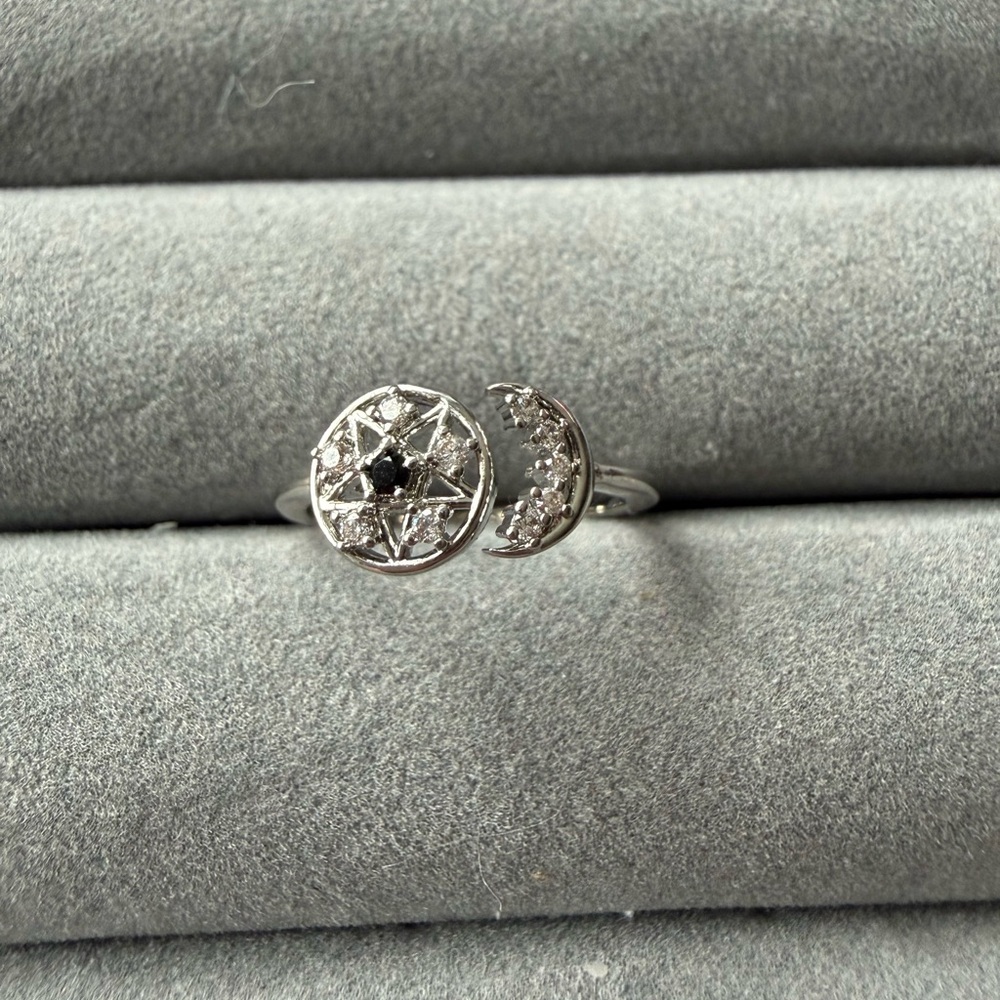 Sterling Silver Star and Crescent Ring with Black Center Stone